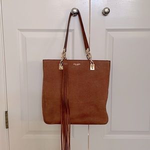 Henri Bendel Embossed Caviar Cognac Leather Tassel Tote Satchel